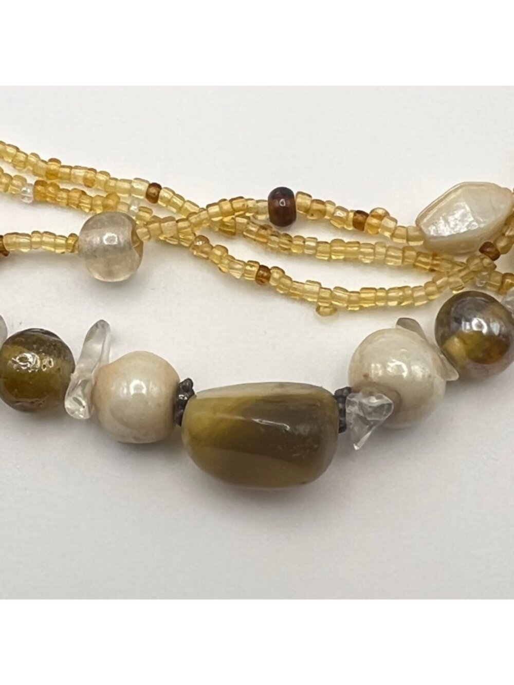 Multi Strand Quartz Glass Bead Necklace  Honey Amber Brown Cream 17-20.25" Boho - Picture 4 of 13